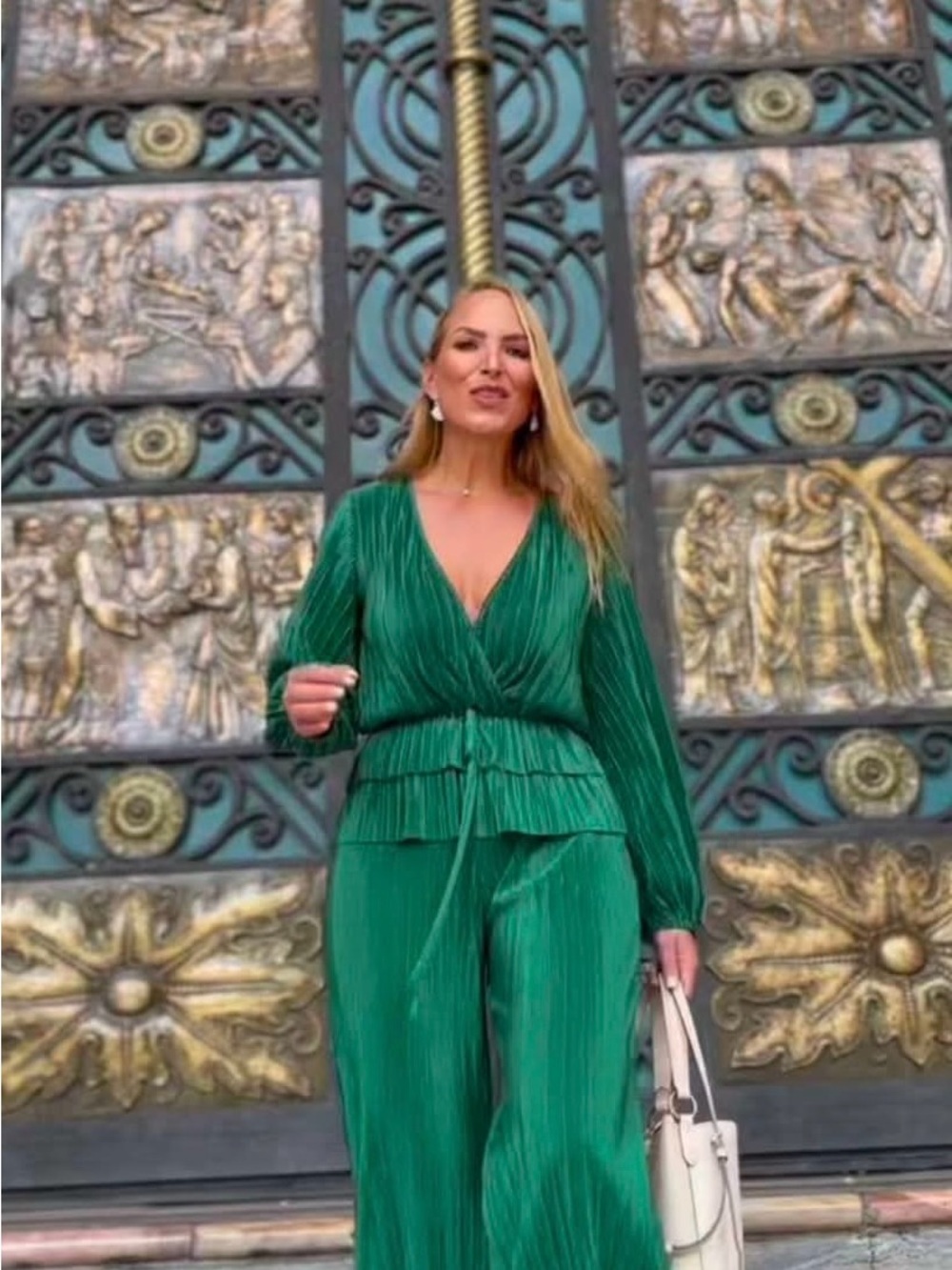 ZARA Green Pleated Wrap top